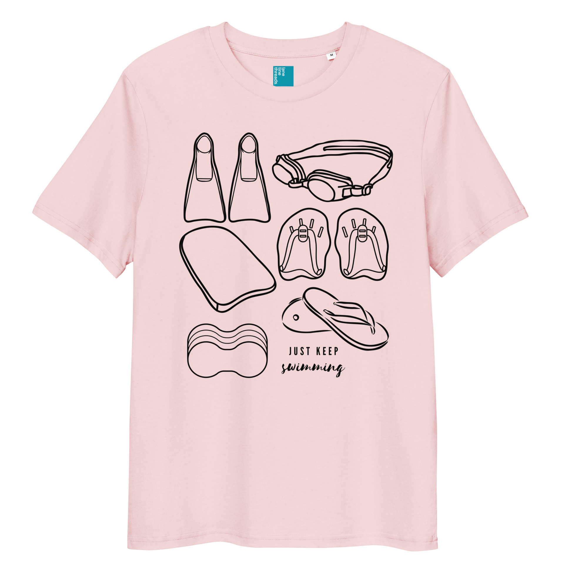 Organic swim shirt with black minimalist line-art of swim gear including fins, goggles, paddles, kickboard, pull buoy, and flip-flops, with the phrase “Just Keep Swimming” printed on a pink eco-friendly t-shirt made from 100% organic biodegradable cotton.
