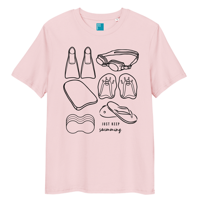 Organic swim shirt with black minimalist line-art of swim gear including fins, goggles, paddles, kickboard, pull buoy, and flip-flops, with the phrase “Just Keep Swimming” printed on a pink eco-friendly t-shirt made from 100% organic biodegradable cotton.