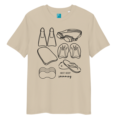 Organic swim shirt with black minimalist line-art of swim gear including fins, goggles, paddles, kickboard, pull buoy, and flip-flops, with the phrase “Just Keep Swimming” printed on a beige eco-friendly t-shirt made from 100% organic biodegradable cotton.