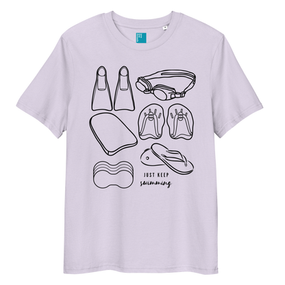 Organic swim shirt with black minimalist line-art of swim gear including fins, goggles, paddles, kickboard, pull buoy, and flip-flops, with the phrase “Just Keep Swimming” printed on a lavender eco-friendly t-shirt made from 100% organic biodegradable cotton.