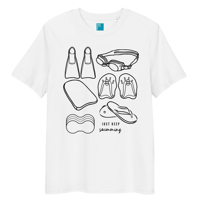 Organic swim shirt with black minimalist line-art of swim gear including fins, goggles, paddles, kickboard, pull buoy, and flip-flops, with the phrase “Just Keep Swimming” printed on a white eco-friendly t-shirt made from 100% organic biodegradable cotton.