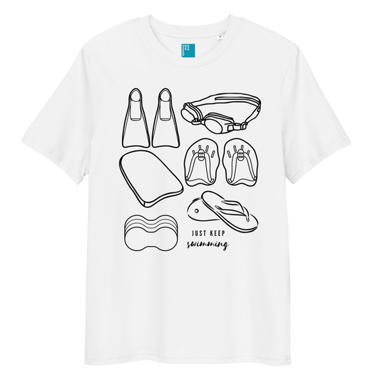 Organic swim shirt with black minimalist line-art of swim gear including fins, goggles, paddles, kickboard, pull buoy, and flip-flops, with the phrase “Just Keep Swimming” printed on a white eco-friendly t-shirt made from 100% organic biodegradable cotton.
