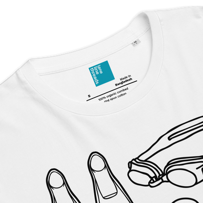White organic swim shirt with graphic design and label on a white background