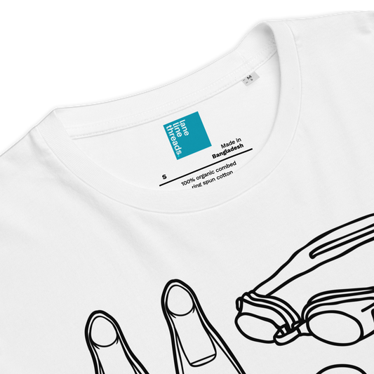 White organic swim shirt with graphic design and label on a white background