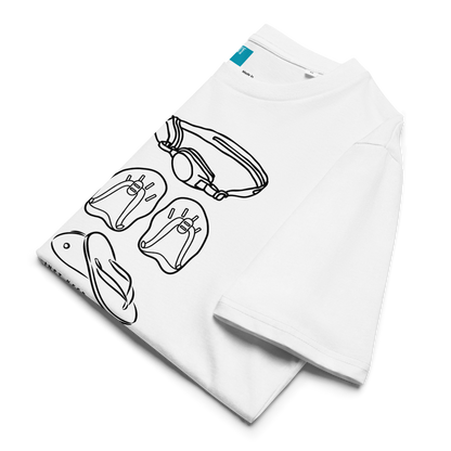 Folded white organic swim shirt with black line art of a fins and goggles on a white background