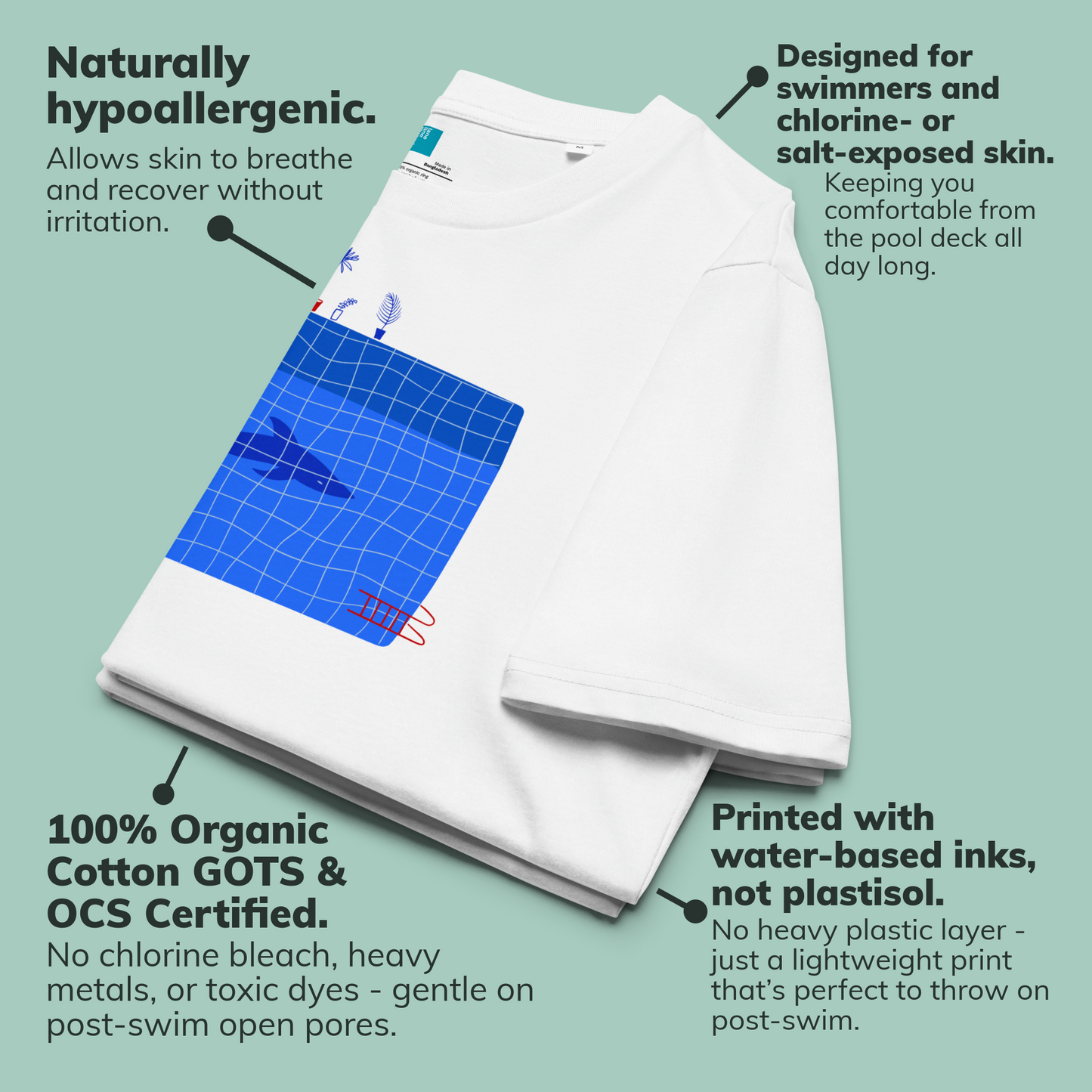 White organic swim shirt with blue grid pattern on a light green background, featuring text about product features.