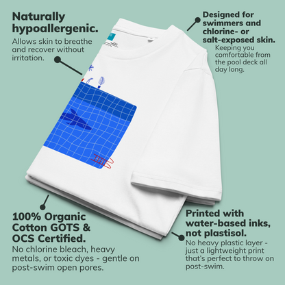 White organic swim shirt with blue grid pattern on a light green background, featuring text about product features.