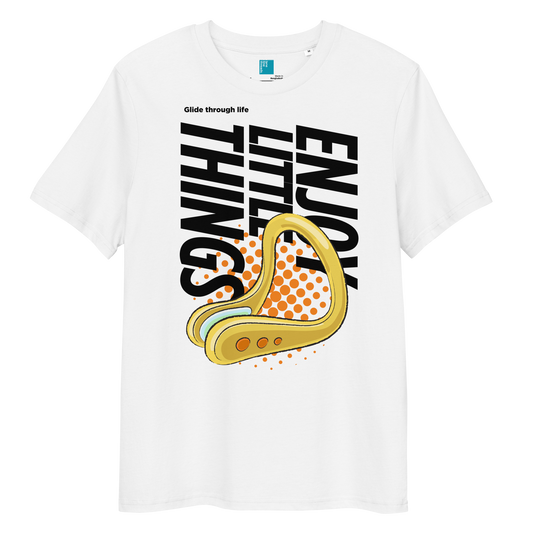 White organic funny swim shirt with nose clip graphic, featuring 'Enjoy the Little Things' slogan.