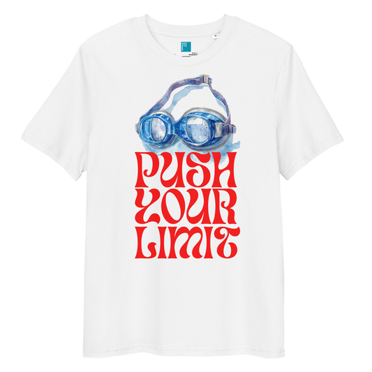 White organic swim shirt featuring blue swim goggles and red retro text that reads “Push Your Limit” – ideal for eco-conscious swimmers.