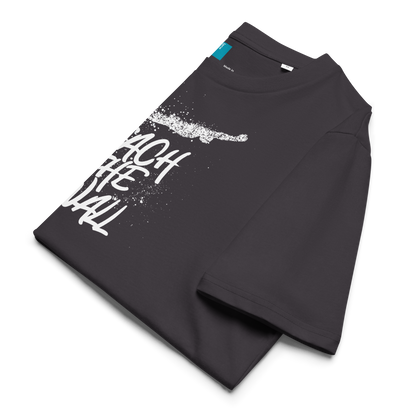 Folded anthracite organic swim shirt with bold white text “Reach the Wall” and swimmer graphic, eco-friendly shirt for swimmers and swim parents
