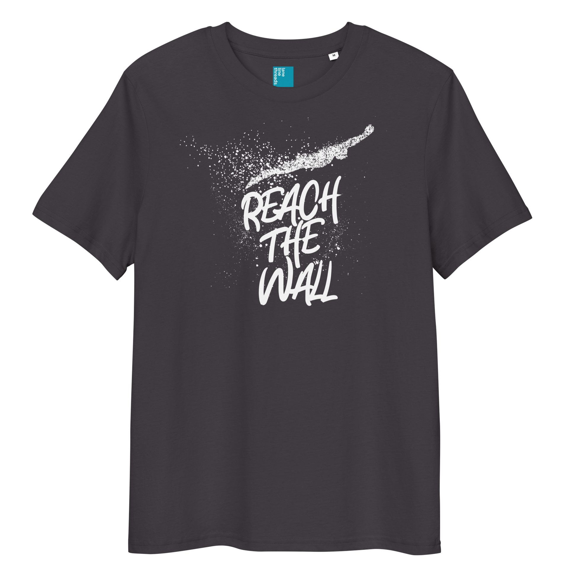 Anthracite organic swim shirt with bold white text “Reach the Wall” and swimmer graphic, eco-friendly shirt for swimmers and swim parents