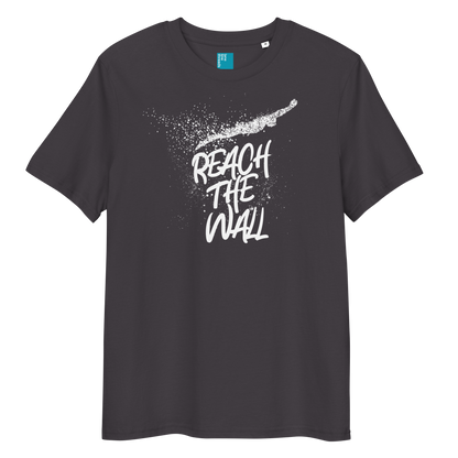 Anthracite organic swim shirt with bold white text “Reach the Wall” and swimmer graphic, eco-friendly shirt for swimmers and swim parents