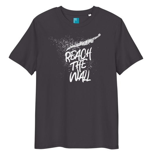 Anthracite organic swim shirt with bold white text “Reach the Wall” and swimmer graphic, eco-friendly shirt for swimmers and swim parents