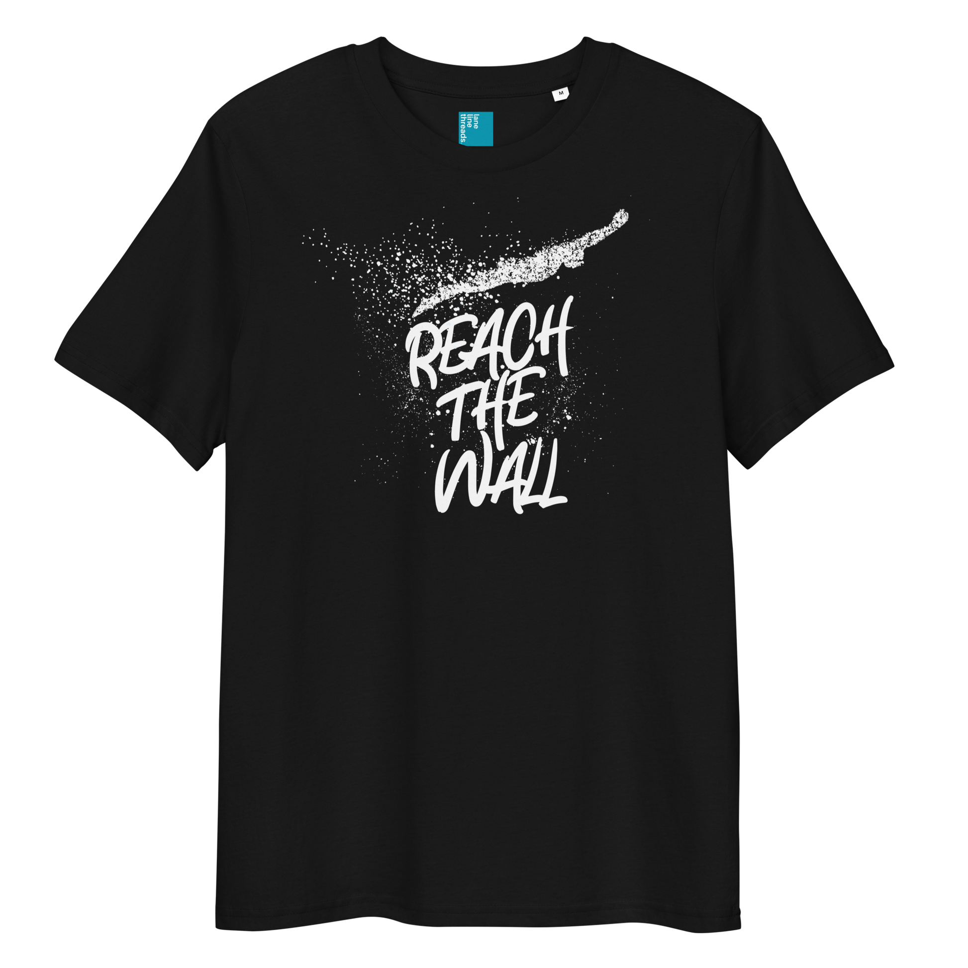 Black organic swim shirt with bold white text “Reach the Wall” and swimmer graphic, eco-friendly shirt for swimmers and swim parents