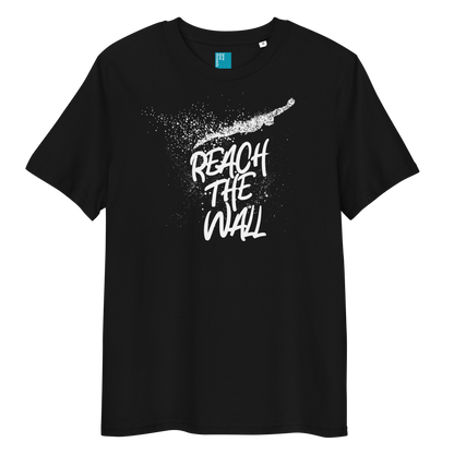 Black organic swim shirt with bold white text “Reach the Wall” and swimmer graphic, eco-friendly shirt for swimmers and swim parents