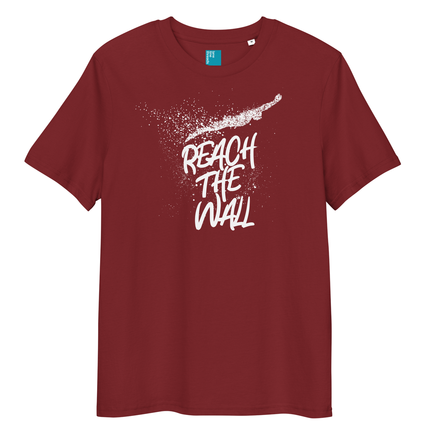 Maroon organic swim shirt with bold white text “Reach the Wall” and swimmer graphic, eco-friendly shirt for swimmers and swim parents