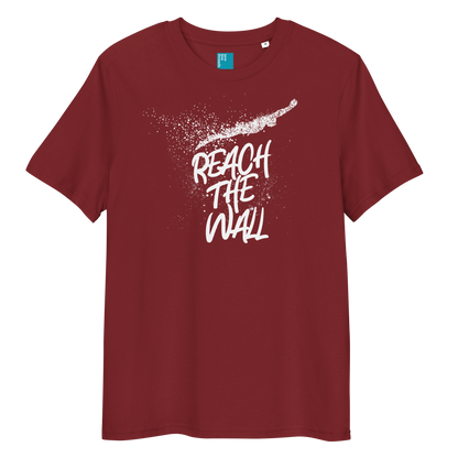 Maroon organic swim shirt with bold white text “Reach the Wall” and swimmer graphic, eco-friendly shirt for swimmers and swim parents