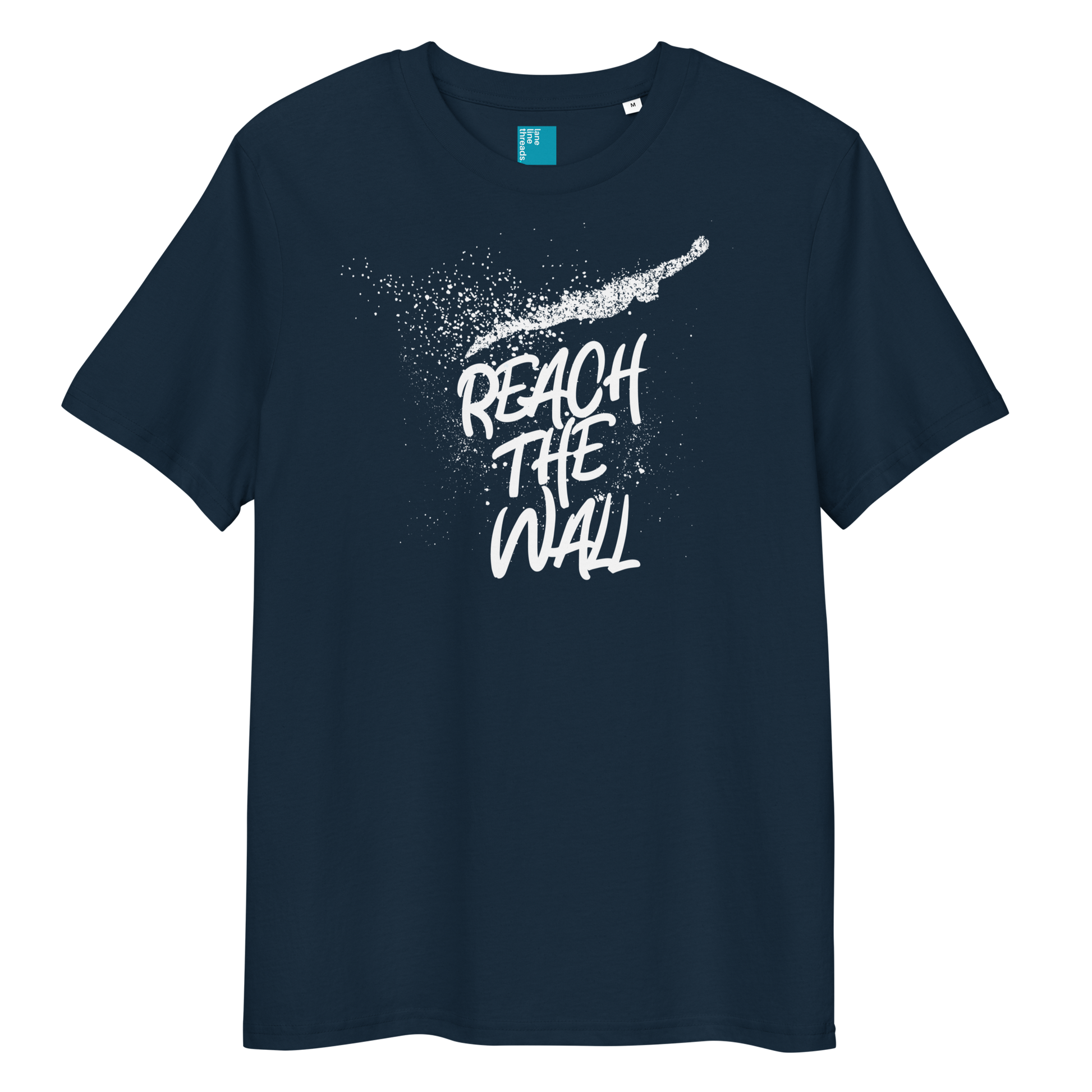Navy organic swim shirt with bold white text “Reach the Wall” and swimmer graphic, eco-friendly shirt for swimmers and swim parents