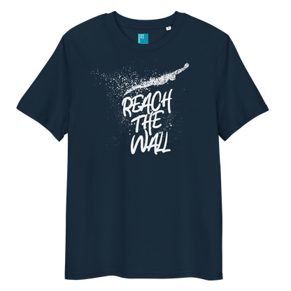 Navy organic swim shirt with bold white text “Reach the Wall” and swimmer graphic, eco-friendly shirt for swimmers and swim parents