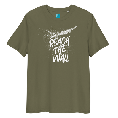 Olive organic swim shirt with bold white text “Reach the Wall” and swimmer graphic, eco-friendly shirt for swimmers and swim parents