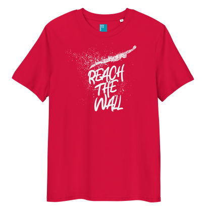 Red organic swim shirt with bold white text “Reach the Wall” and swimmer graphic, eco-friendly shirt for swimmers and swim parents