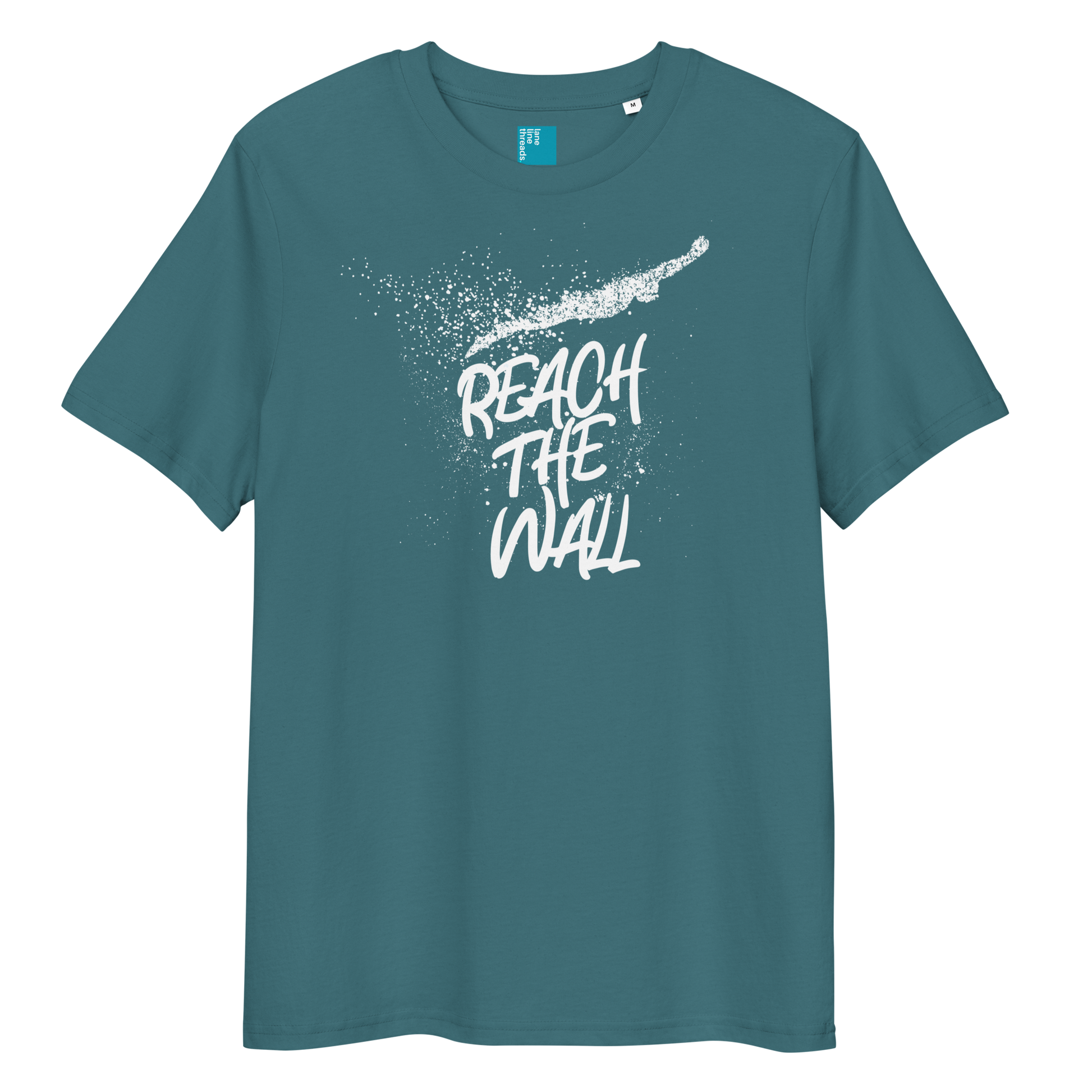 Teal organic swim shirt with bold white text “Reach the Wall” and swimmer graphic, eco-friendly shirt for swimmers and swim parents 