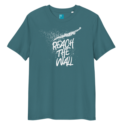 Teal organic swim shirt with bold white text “Reach the Wall” and swimmer graphic, eco-friendly shirt for swimmers and swim parents 