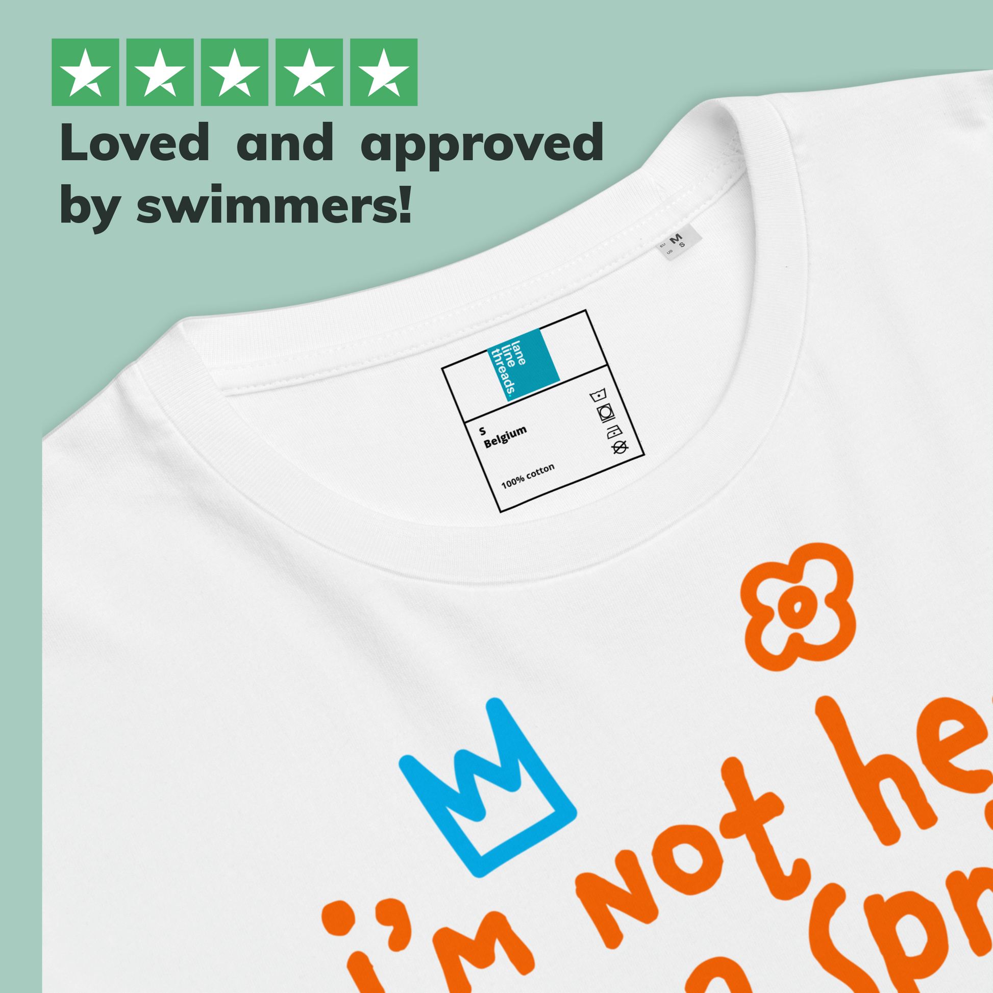 White organic swim shirt with colorful text and a Lane Line Threads brand label on a light green background