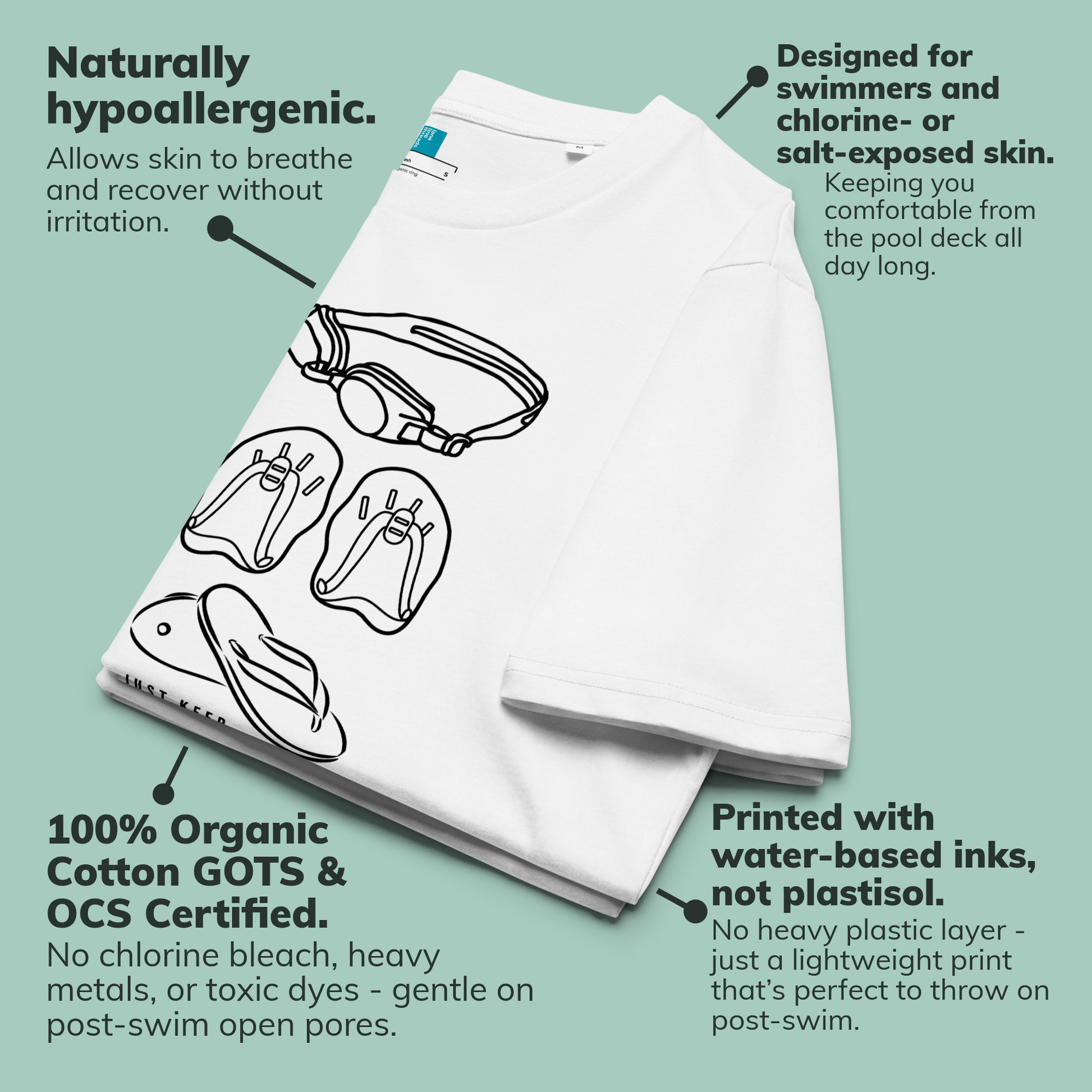 White organic swim shirt with swim-related illustrations on a light green background, featuring text about its properties.