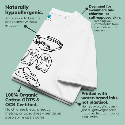 White organic swim shirt with swim-related illustrations on a light green background, featuring text about its properties.