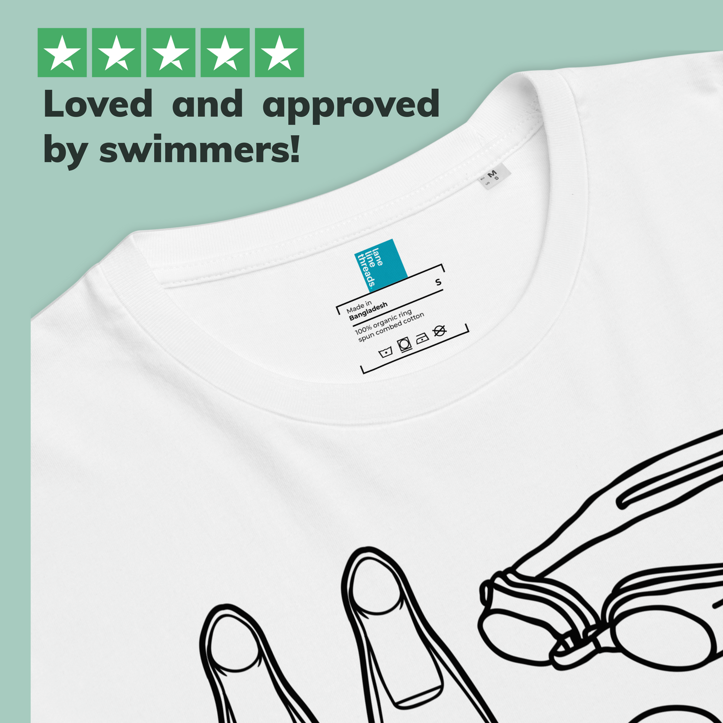 White organic swim shirt with swim-themed design and Lane Line Threads brand label on a light green background