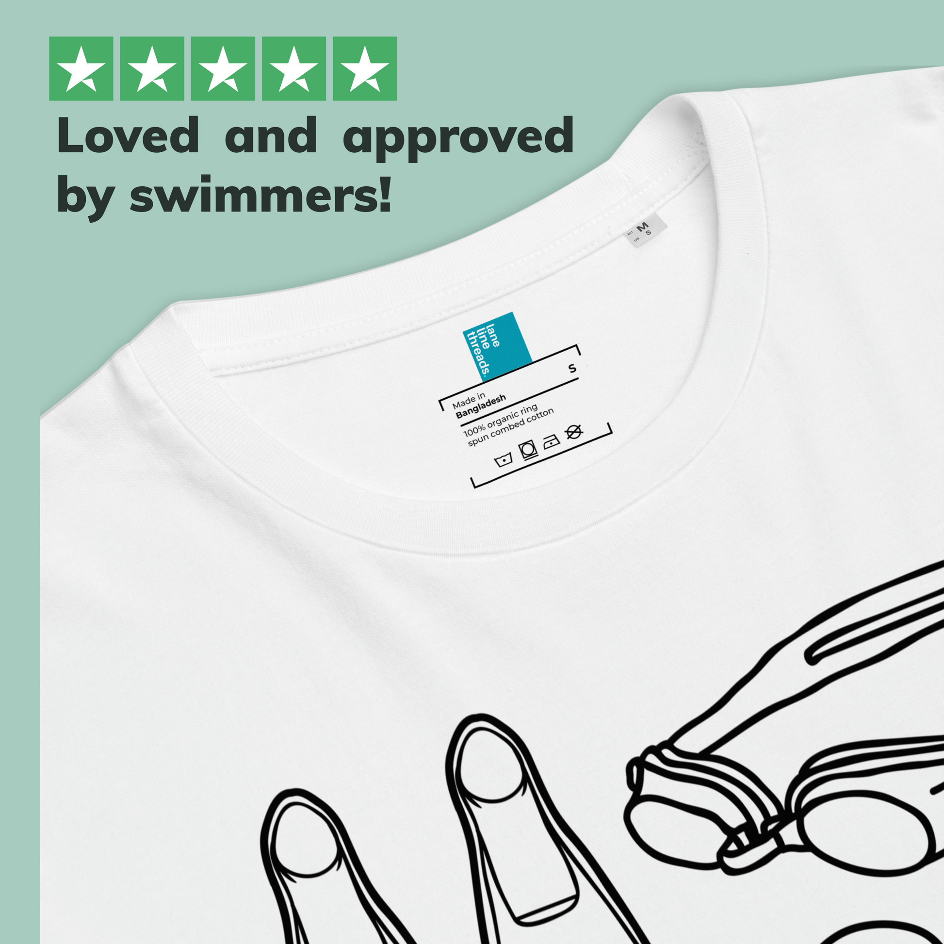 White organic swim shirt with swim-themed design and Lane Line Threads brand label on a light green background