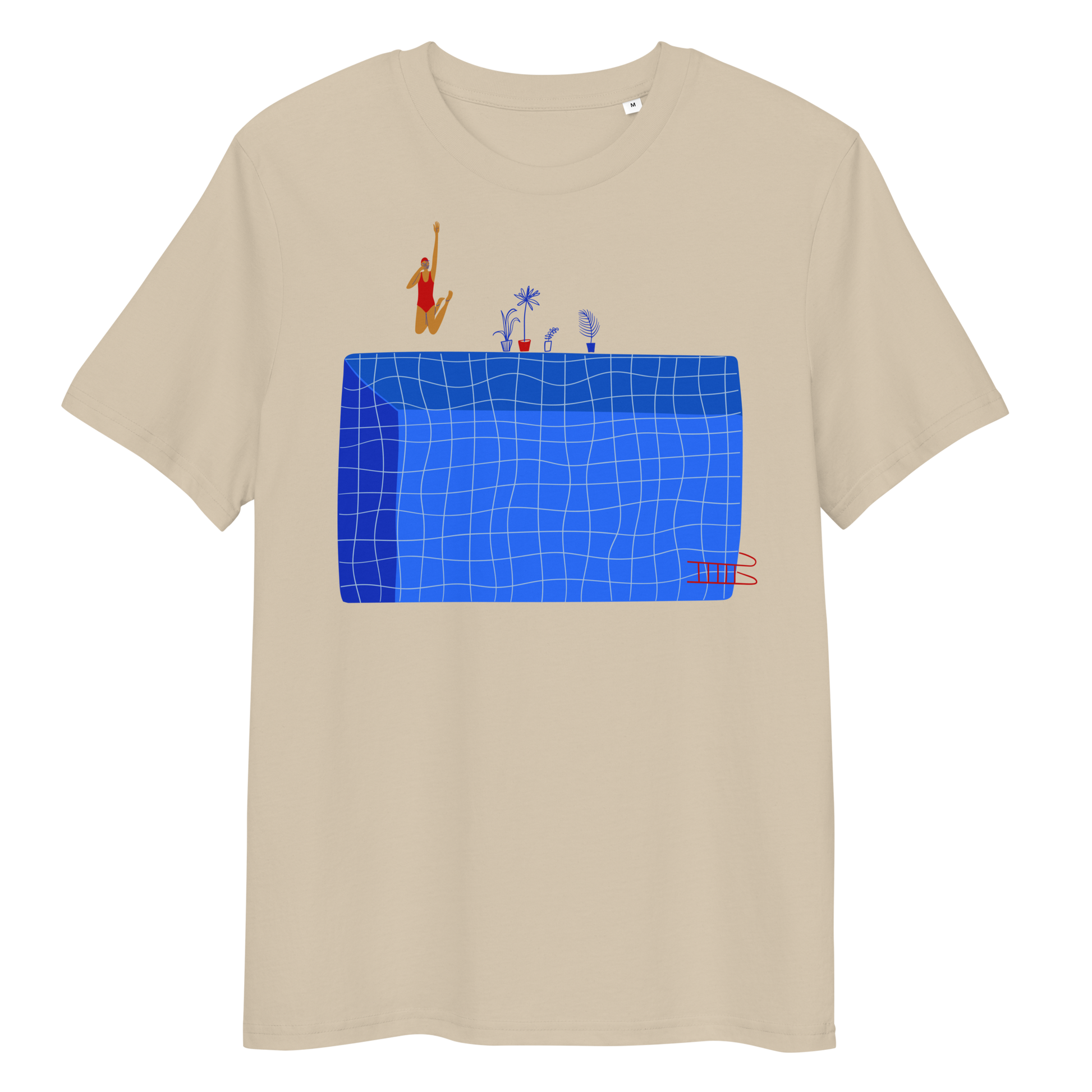 Beige organic swim shirt with illustrated blue pool and female swimmer graphic, eco-friendly and sustainable shirt for swimmer girls and swim parents