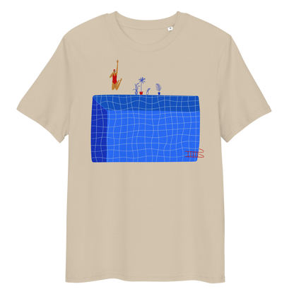 Beige organic swim shirt with illustrated blue pool and female swimmer graphic, eco-friendly and sustainable shirt for swimmer girls and swim parents