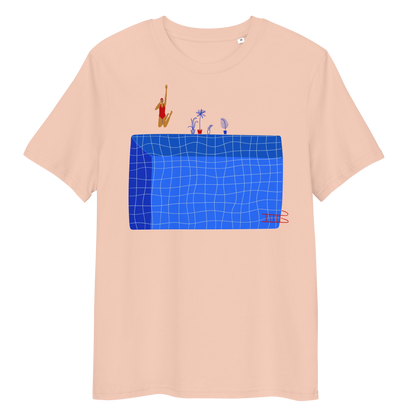 Peach organic swim shirt with illustrated blue pool and female swimmer graphic, eco-friendly and sustainable shirt for swimmer girls and swim parents