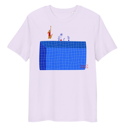 Lavender organic swim shirt with illustrated blue pool and female swimmer graphic, eco-friendly and sustainable shirt for swimmer girls and swim parents