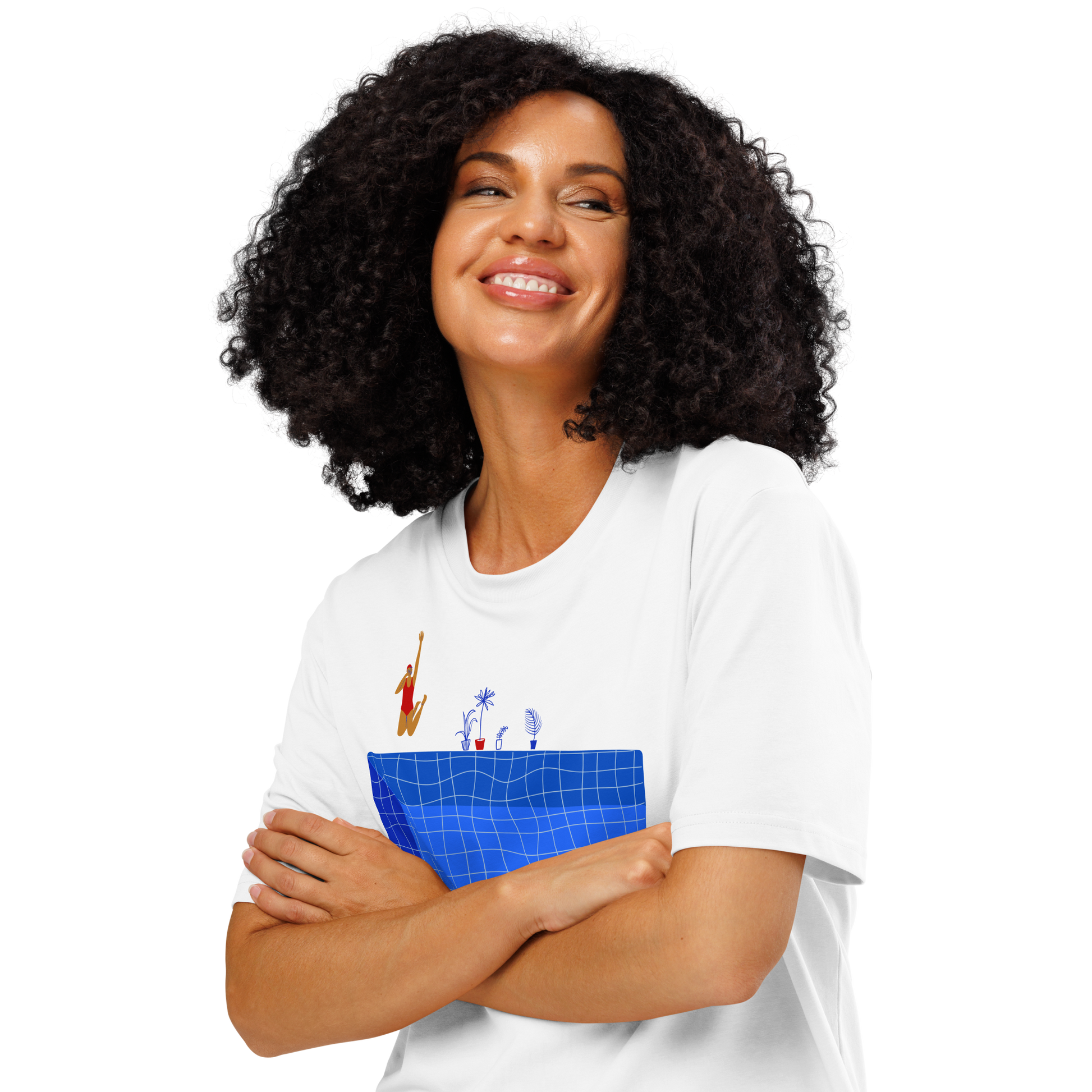 Woman wearing a white swim shirt with a colorful swim pool design on a white background