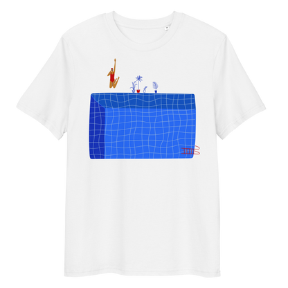 White organic swim shirt with illustrated blue pool and female swimmer graphic, eco-friendly and sustainable shirt for swimmer girls and swim parents