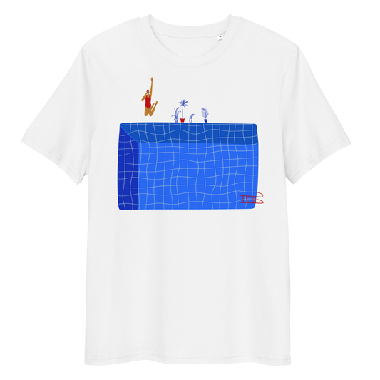 White organic swim shirt with illustrated blue pool and female swimmer graphic, eco-friendly and sustainable shirt for swimmer girls and swim parents