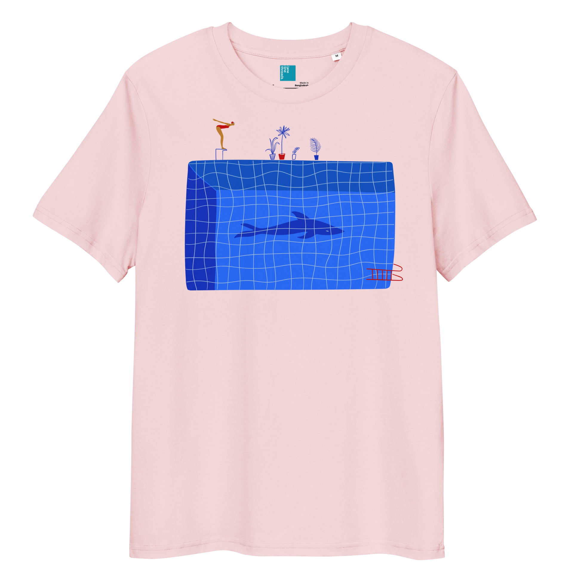 Pink organic swim shirt with blue pool and shark illustration, eco-friendly shirt for swimmers, swim moms, and dads