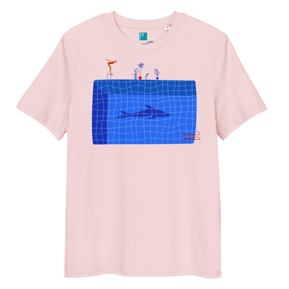 Pink organic swim shirt with blue pool and shark illustration, eco-friendly shirt for swimmers, swim moms, and dads