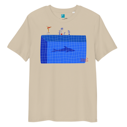 Beige organic swim shirt with blue pool and shark illustration, eco-friendly shirt for swimmers, swim moms, and dads