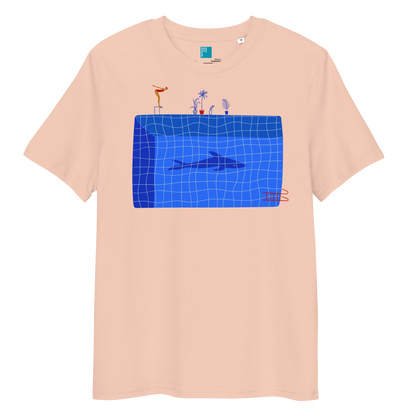 Peach organic swim shirt with blue pool and shark illustration, eco-friendly shirt for swimmers, swim moms, and dads