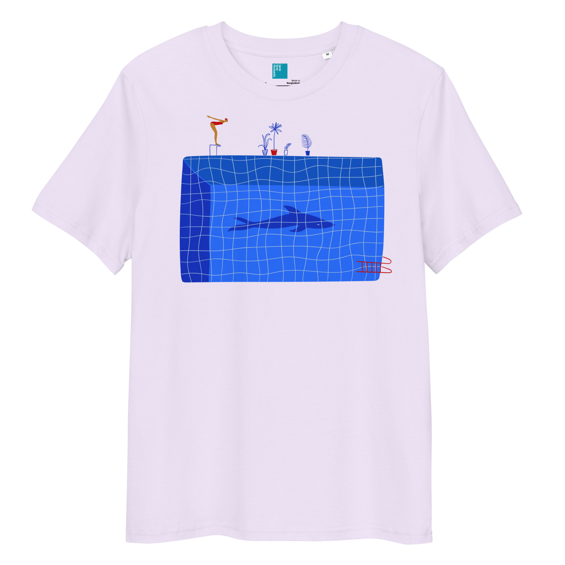 Lavender organic swim shirt with blue pool and shark illustration, eco-friendly shirt for swimmers, swim moms, and dads