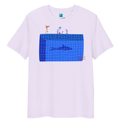 Lavender organic swim shirt with blue pool and shark illustration, eco-friendly shirt for swimmers, swim moms, and dads