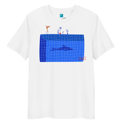 White organic swim shirt with blue pool and shark illustration, eco-friendly shirt for swimmers, swim moms, and dads