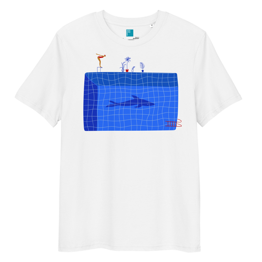 White organic swim shirt with blue pool and shark illustration, eco-friendly shirt for swimmers, swim moms, and dads