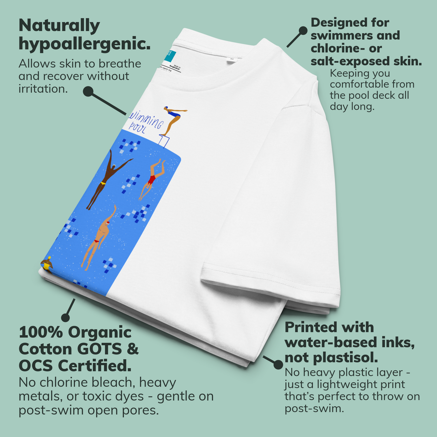 White organic swim shirt with a blue label on a light green background, featuring text about product features.