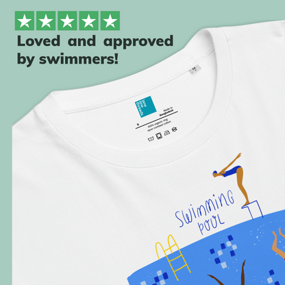 White organic swim shirt with swimming pool design and text 'Loved and approved by swimmers!' on a light green background.