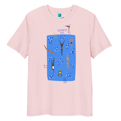 Pink organic swim shirt with illustrated blue pool and swimmers graphic, eco-friendly and sustainable shirt for swimmers and swim parents